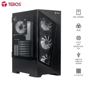 Case sin fuente gamer TEROS TE-1330G, Mid Tower, E-ATX/ATX/MICRO-ATX/IT, USB-A, Audio