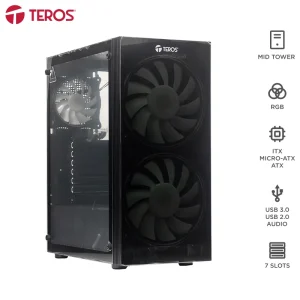 Case sin fuente gamer TEROS TE-1333G, Mid Tower, ATX/MICRO-ATX/ITX, USB-A, Audio
