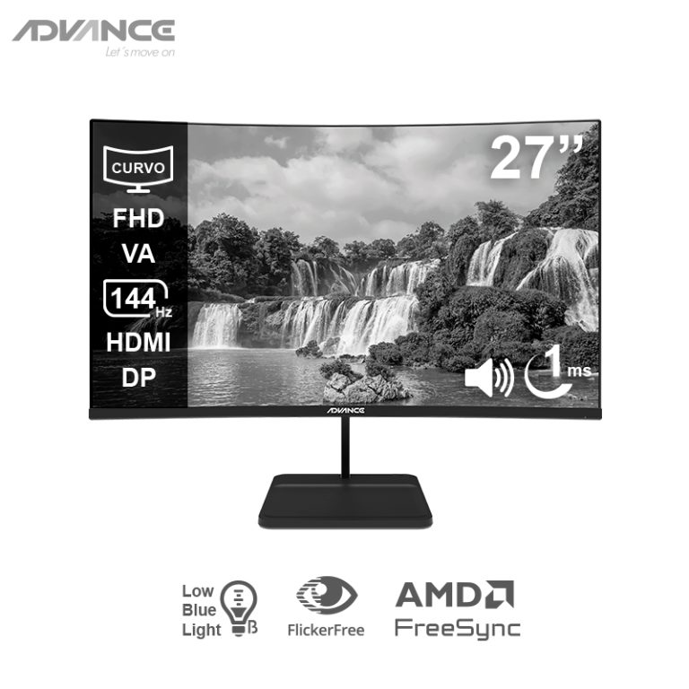 Monitor curvo ADVANCE ADV-2752S, 27″ FHD VA, 144Hz, 1ms, HDMI, DP, Audio out, Parlantes