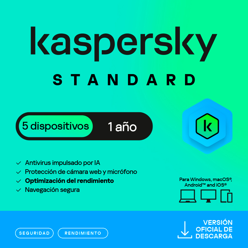 Antivirus Kaspersky Standard, para 5 PCs, Lic 1 año, Producto Virtual.